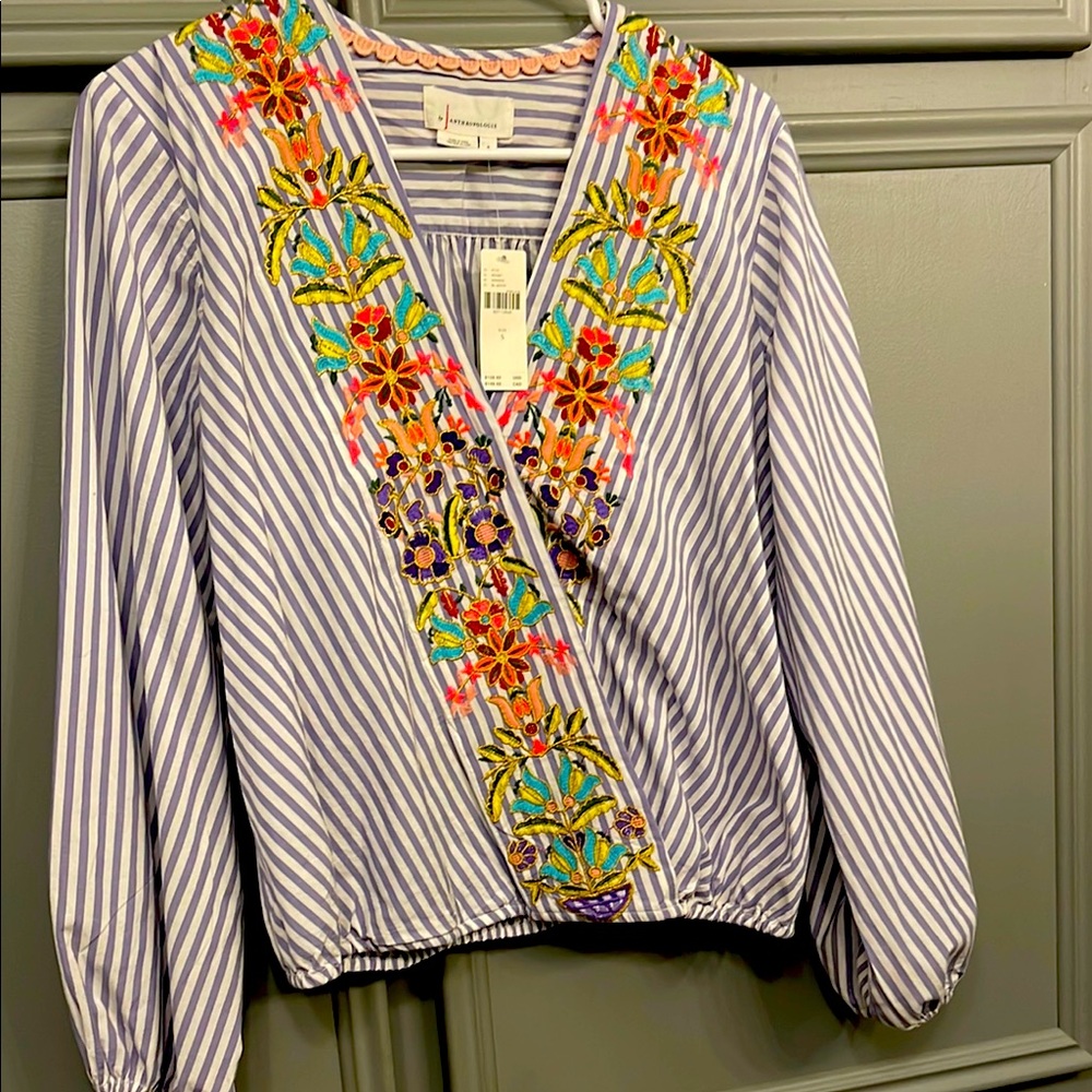 Striped Embroidered Wrap Top by Anthropologie